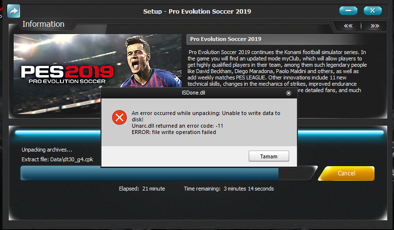 decompression failed with error code-14 pes 2016 22