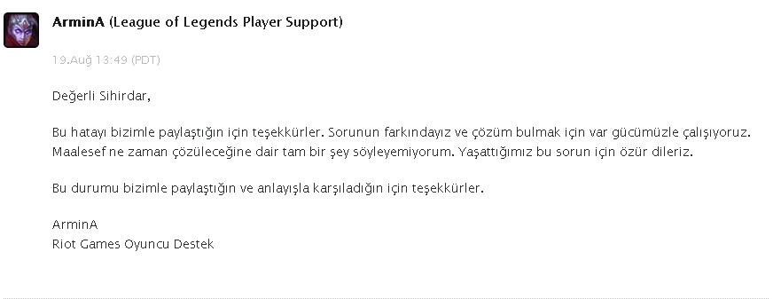  Riot'a ticket attım gelen cevap