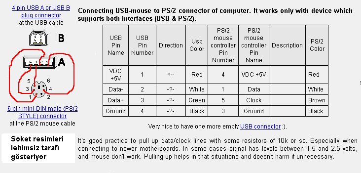  Mouse için Ps2 den Usb ye Usb den Ps2 ye çevirme şeması