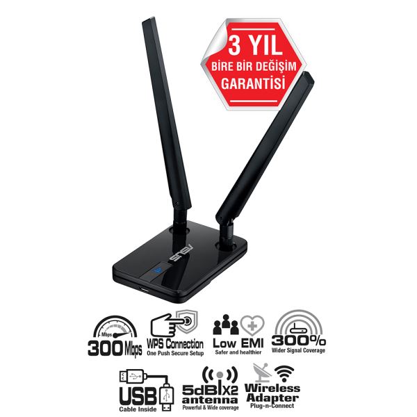 ASUS USB-N14 300MBPS ÇİFT ANTENLİ KABLOSUZ-N USB ADAPTÖR - 50TL / İZMİR