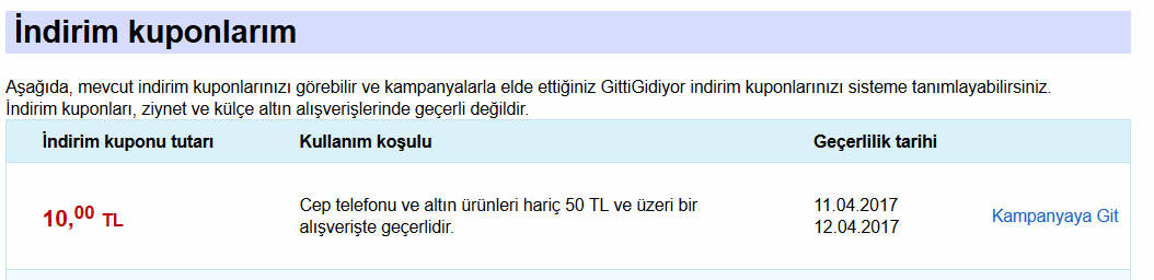 GittiGidiyor 12 Nisan Saat 23:59'a kadar geçerli 50 ye 10 indirimi