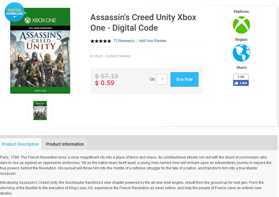 Assasins Creed Unity xbox One 0,59$