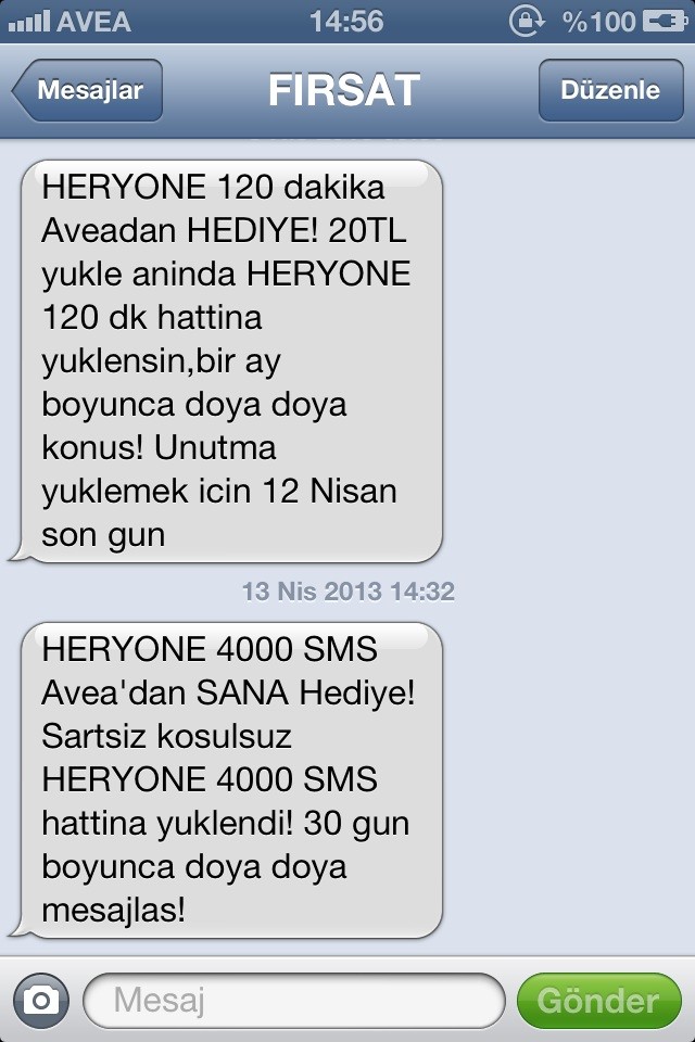  Aveadan sms geldi 4000 SMS ucretsiz yuklendi (((: (SS VAR)