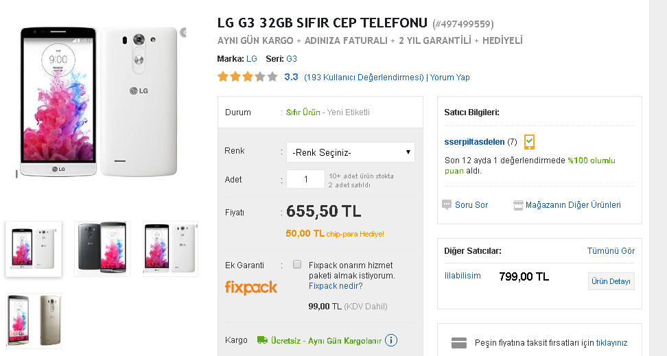 LG G3 (32 GB) (D855) 655 TL / LG G4 (Tek Hat) (H815) 688 TL gittigidiyor