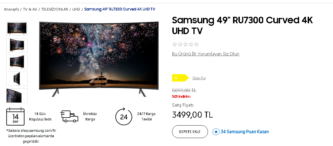 Samsung 49" RU7300 Curved 4K UHD TV  3.500 TL SAmsungTR 
