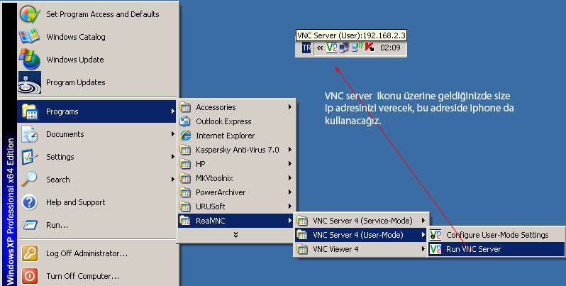  VNC server ile remote desktop