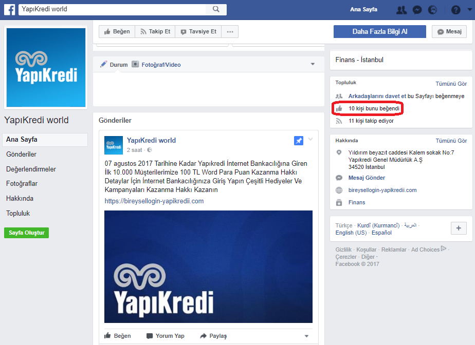 Yapı Kredi Facebook Benzer Sayfa Dolandırıcılığı !!