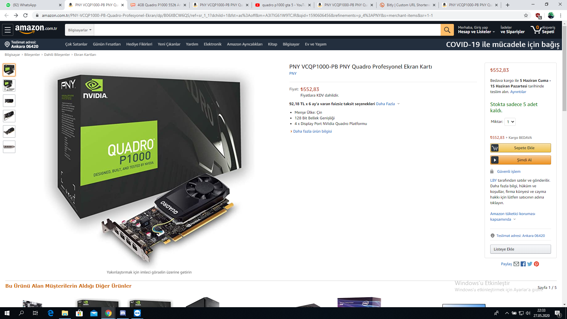 4GB Quadro P1000 552₺ Amazon.com.tr YANIYOR!!!!!!! 5 STOK