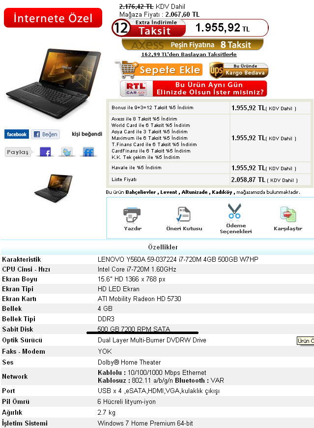  Lenovo Y560 59-037224 Yarın alacağım lütfen acil bakın