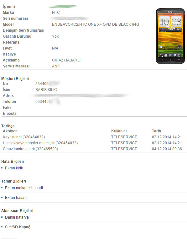  HTC Teleservice KVK Değişim Onarım Ana Başlık