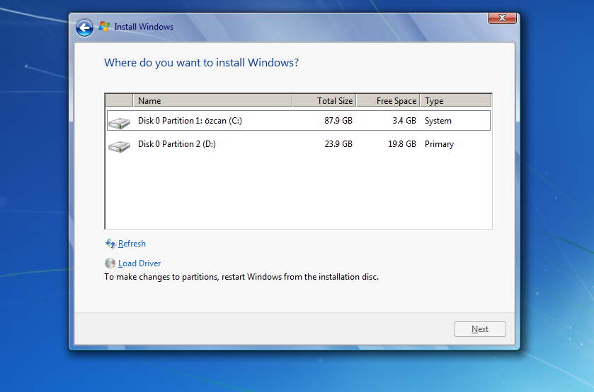  Windows 7 C formatlayamıyorum
