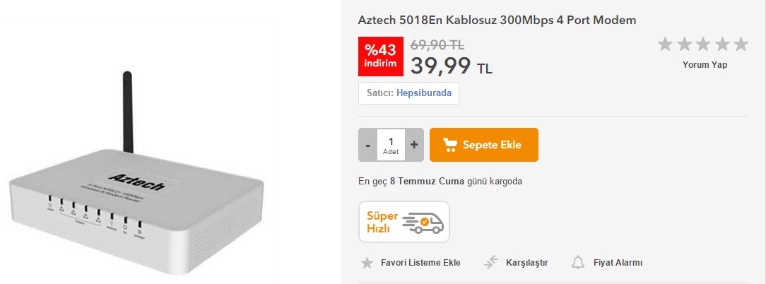 Aztech 5018En Kablosuz 300Mbps 4 Port Modem 39.99  H.B