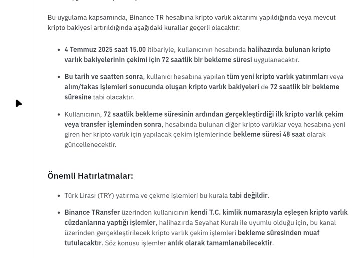 Binance TR kullanıcılara ait kripto varlıkları 72 saat süreyle çekime kapattı
