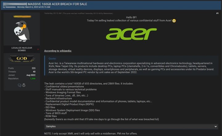 160 GB’lık veri Acer sunucularından çalınarak satışa çıkartıldı!