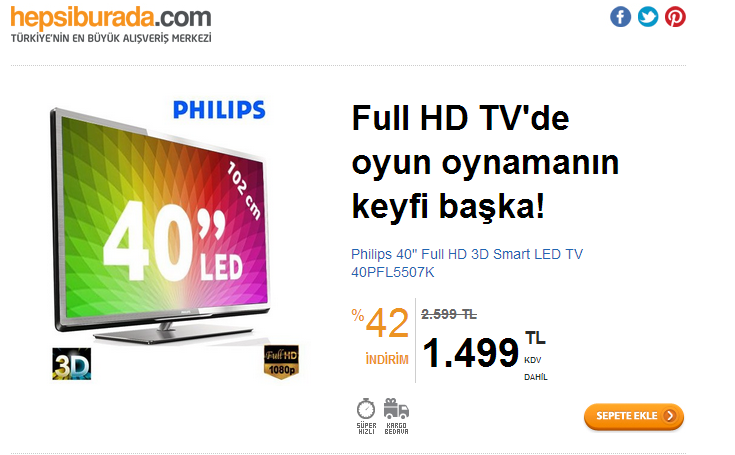  Philips 40' Full Hd 3D Smart Led Televizyon 40PFL5507K / 1499 TL / Hepsiburada.com