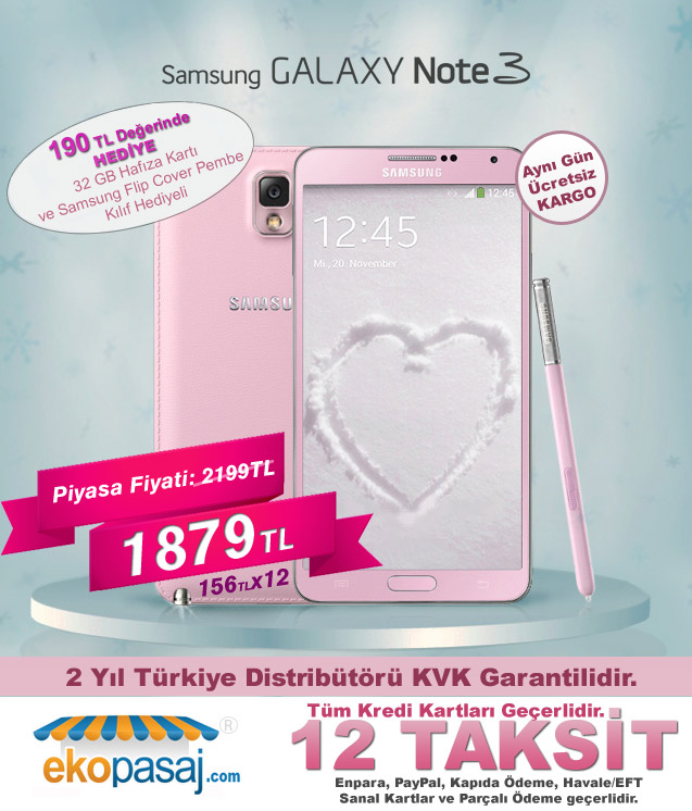  KVK Garantili Note 3 PEMBE - 190TL'lik Hediyesiyle 1879 TL 12 Taksit !!