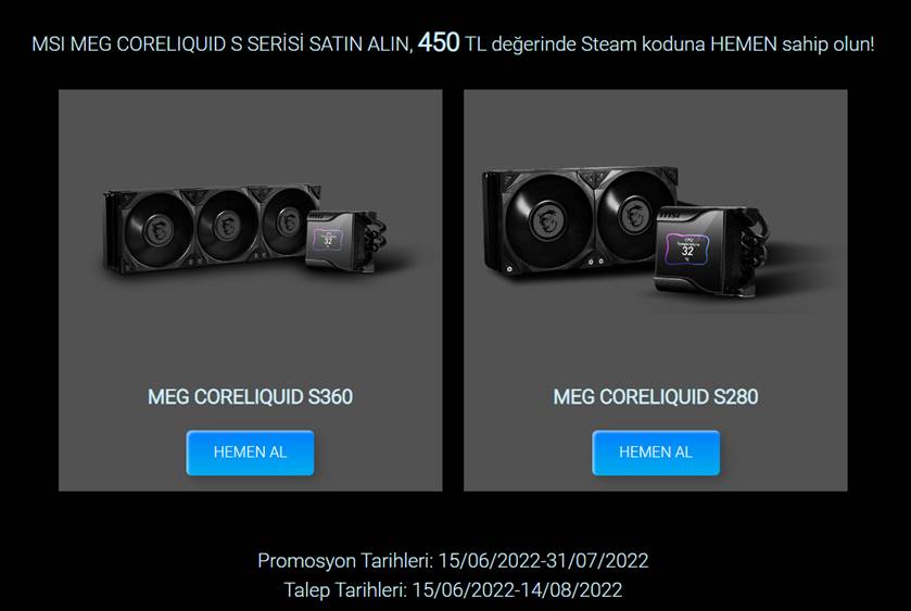 MSI MEG CORELIQUID S Serisini Satın Alanlara 450 TL Değerinde Steam Kodu Hediye!