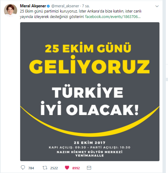 Meral Akşener Yeni Parti 25 Ekim Ankara Nazım Hikmet Kültür Merkezi Saat 10:30