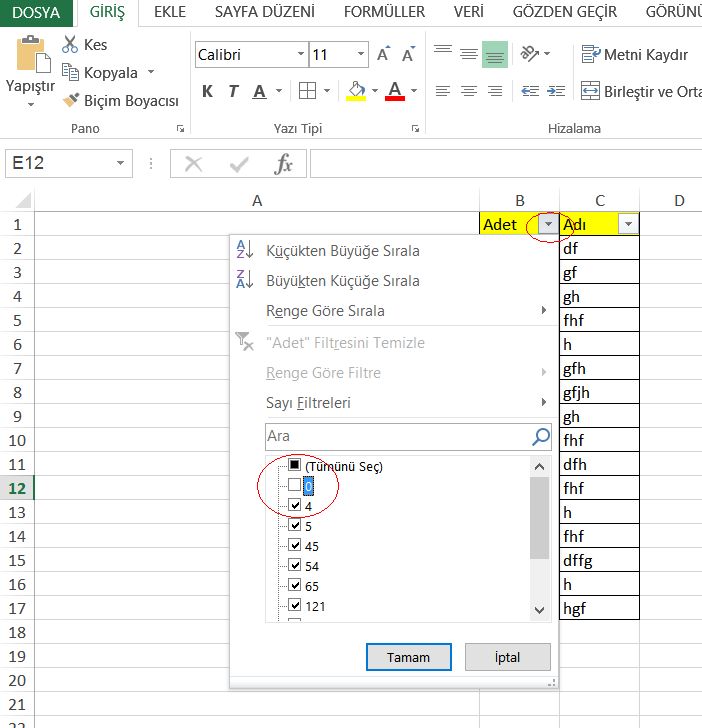  Excel formül/Bir sayıya eşit değerleri elemek