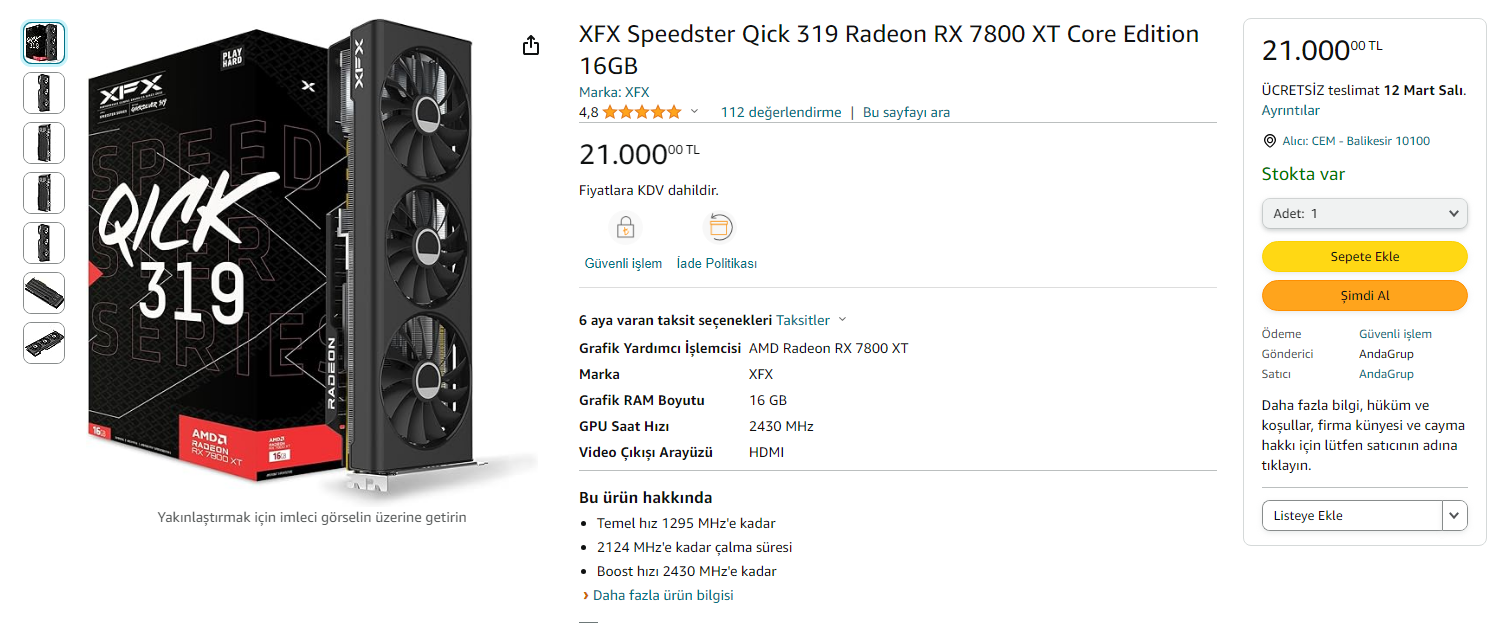 XFX Speedster Qick 319 7800 XT Yanıyor