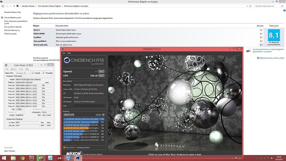 FX 9370 5.29 ghz overclock Cinebench sonucu Videolu