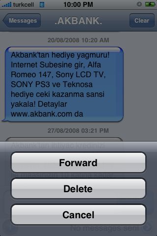  İphone FW 2.0 da mesaj forwardlamak ve tek mesajı silmek