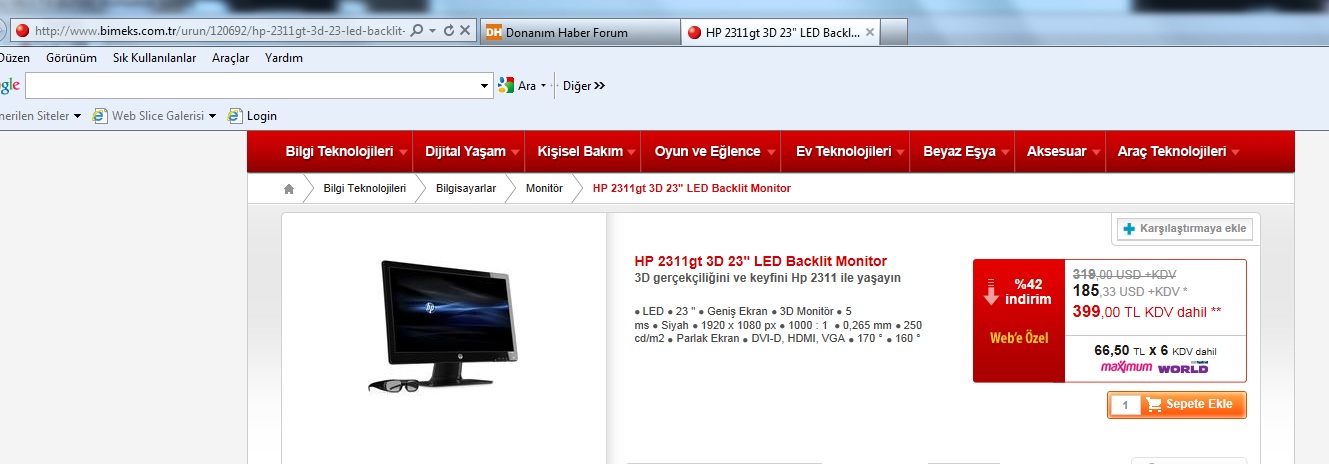  60 Ekran 3D  Monitör + 3D Gözlük  399 TL !!   % 42 indirim  !!