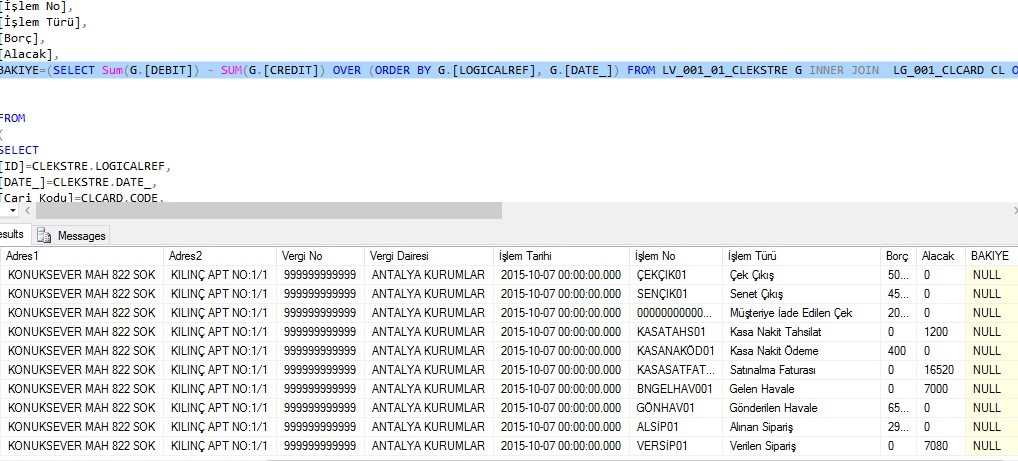  SQL Bakiye Alma