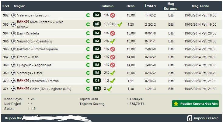  Güzel bir kupon tutturdum 28 liraya 378 lira kazandım (yeni kupon eklendi)