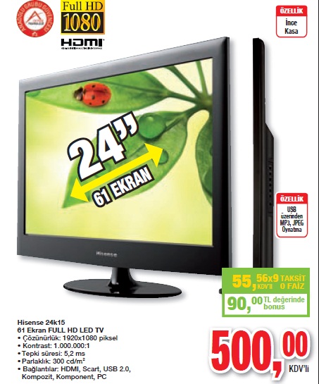  Monitör fiyatına 24' full hd LED backlight TV : Hisense 24k15