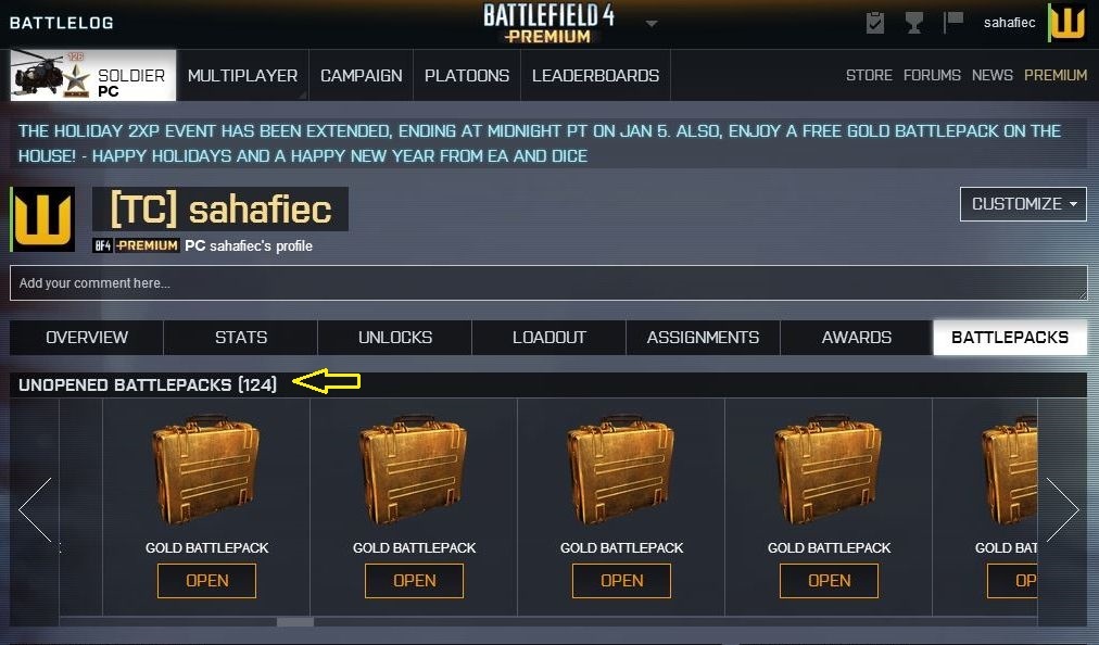  DoubleXP süresi uzatıldı mesajı ile birlikte 124 adet GOLD battlepack geldi...