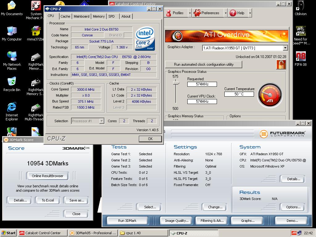  Test e6750 ve x1950gt 512mb