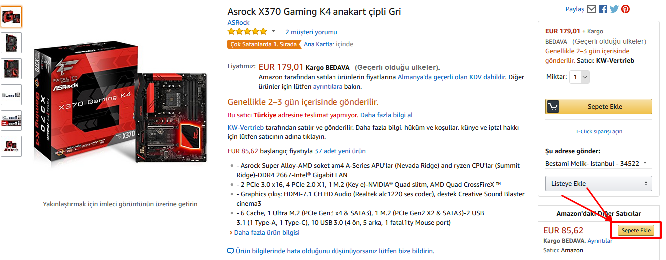 Asrock X370 gaming K4 Amazon.de 85 Euro Kaçırmayın