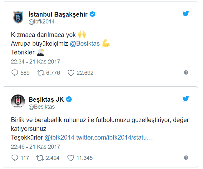 Başakşehir'den Beşiktaş'a Tebrik Mesajı