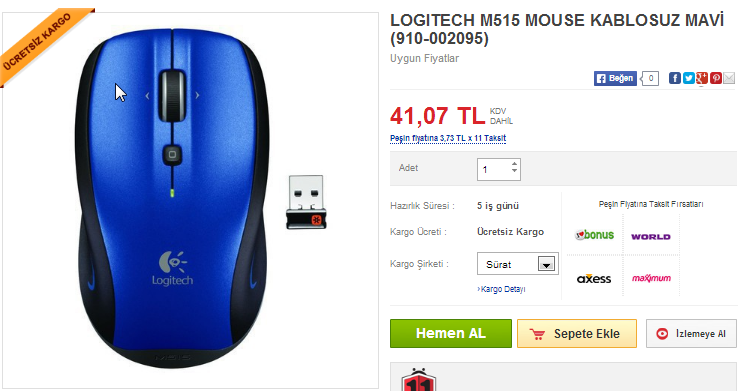  Logitech M515 Optik Mouse 41 TL (Enpara ile 24 TL) (Kargo Dahil) [N11]