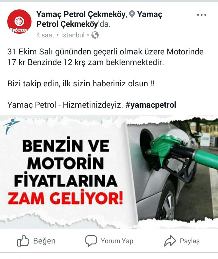 31 Ekim Benzin (12 kr.) ve Mazot'a (17 kr.) Zam Duyumu