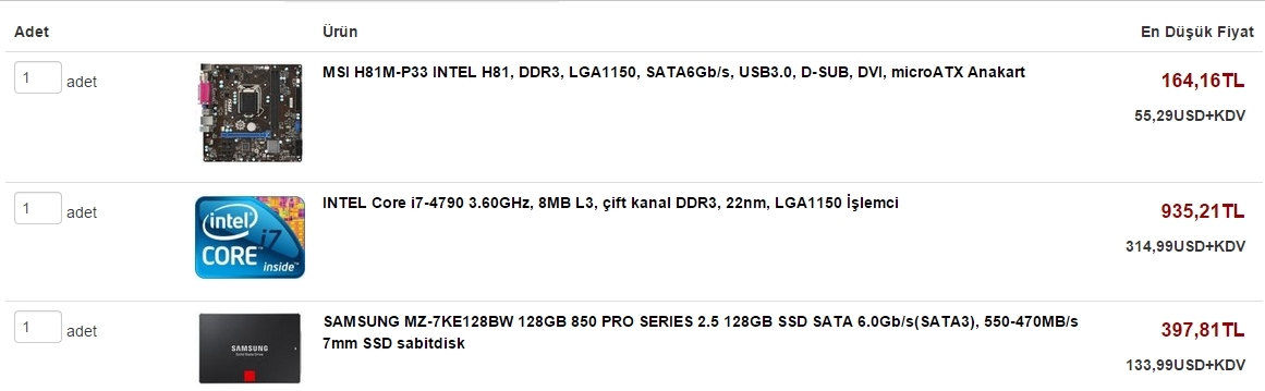  1500 TL Anakart-İşlemci-SSD Önerisi