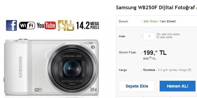  Samsung WB250F Dijital Fotoğraf Makinesi 199TL