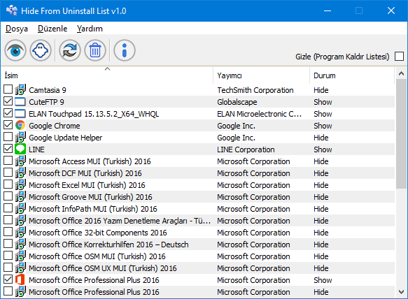 Program ekle kaldır listesinden Program gizleyelim