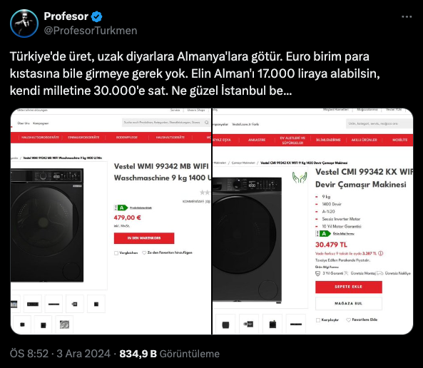 Vestel Almanya vs. Türkiye Fiyat Farkı