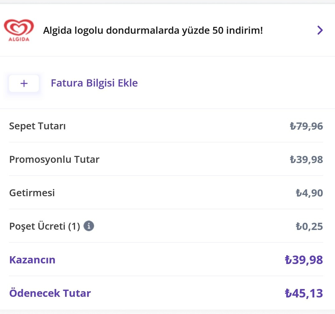 GETİR Algida %50 İndirim (+5,15tl ek ücret)(İstanbul)