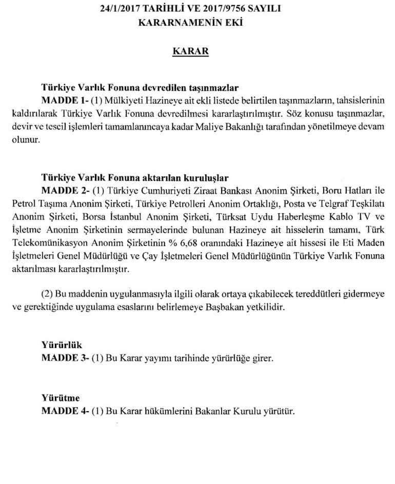 Son dakika: Ziraat Bankası,BOTAŞ,TPAO,Türksat,BİST,Boru Hatları ve PTT Varlık Fonu'na devredildi