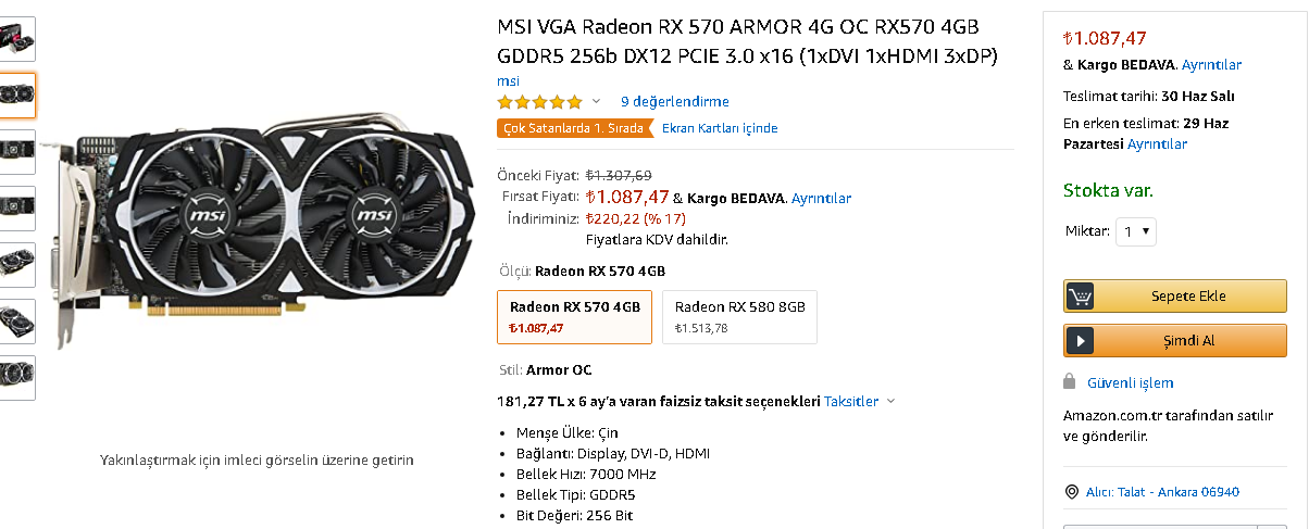 MSI VGA Radeon RX 570 ARMOR 4G OC 1.088 TL amazonTR