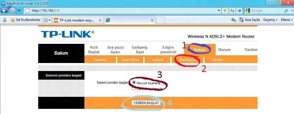  TP-Link modem arayüzünden yeniden başlatmak