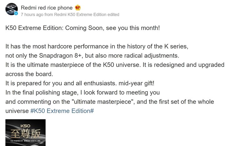 Xiaomi, Redmi K50 Extreme Edition'ın bu ay piyasaya sürüleceğini doğruladı
