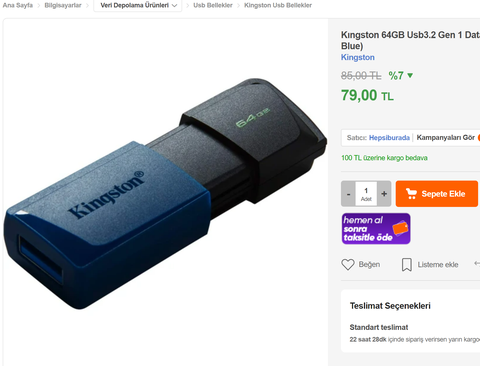 Kingston 32GB USB3.2 Flash Bellek ===> 45TL