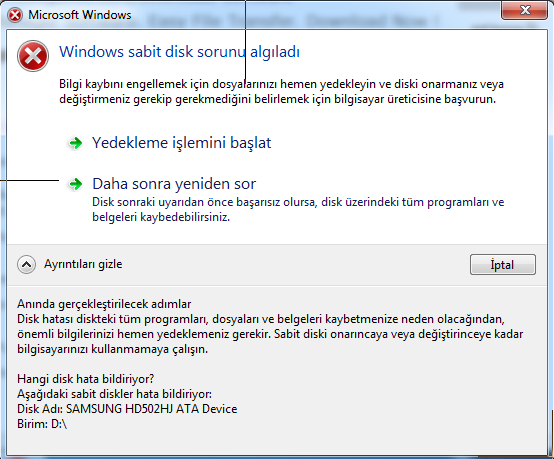  Windows Sabit Disk Sorunu Algıladı.??