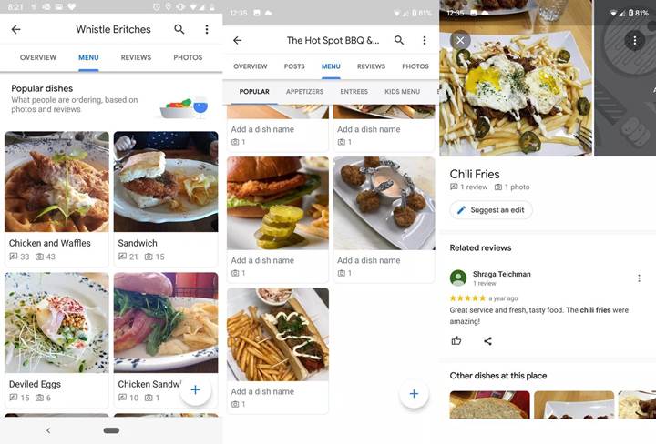 Google Haritalar, restoranların popüler yemeklerini gösteriyor