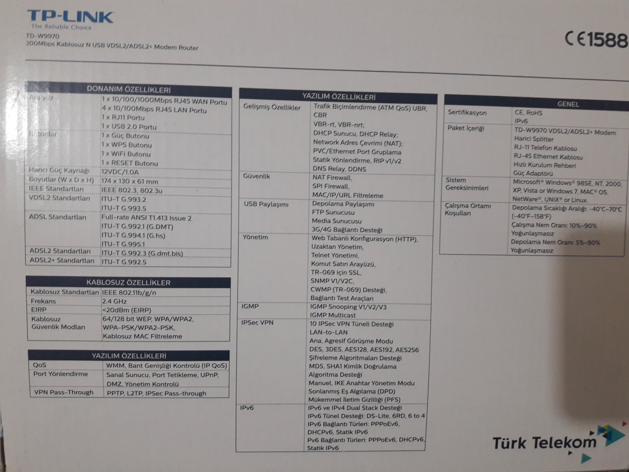 SATILDI. Türk Telekom & TP-Link TD-W9970v3 300mbps Wireless N VDSL2/ADSL2+ Modem