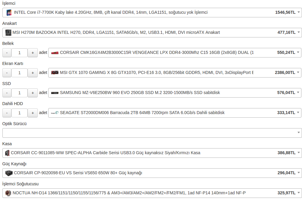 6800 TL 7700k+gtx1070 sistem için öneriler